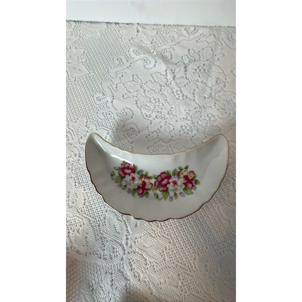 Vintage Crescent Bone China Floral Trinket Dish Gold Rim Scalloped Edge Bone Dis